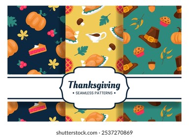 Festive Thanksgiving Day Seamless Pattern Template with Flat Style Cartoon Elements Illustration 