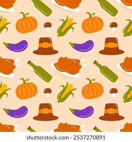 Festive Thanksgiving Day Seamless Pattern Template with Flat Style Cartoon Elements Illustration 