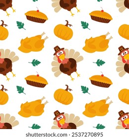 Festive Thanksgiving Day Seamless Pattern Template with Flat Style Cartoon Elements Illustration 
