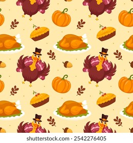 Festive Thanksgiving Day Seamless Pattern Template featuring Vibrant Flat Style Cartoon Elements for Seasonal Designs and Holiday Decorations