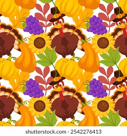 Festive Thanksgiving Day Seamless Pattern Template featuring Vibrant Flat Style Cartoon Elements for Seasonal Designs and Holiday Decorations