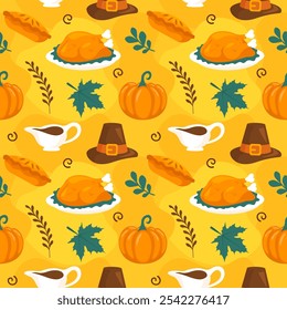 Festive Thanksgiving Day Seamless Pattern Template featuring Vibrant Flat Style Cartoon Elements for Seasonal Designs and Holiday Decorations