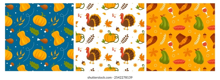 Festive Thanksgiving Day Seamless Pattern Template featuring Vibrant Flat Style Cartoon Elements for Seasonal Designs and Holiday Decorations