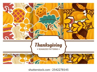 Festive Thanksgiving Day Seamless Pattern Template featuring Vibrant Flat Style Cartoon Elements for Seasonal Designs and Holiday Decorations
