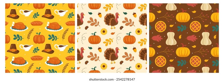 Festive Thanksgiving Day Seamless Pattern Template featuring Vibrant Flat Style Cartoon Elements for Seasonal Designs and Holiday Decorations