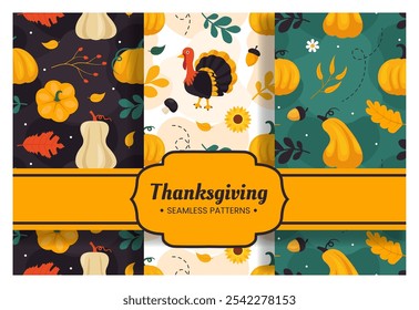 Festliche Thanksgiving Tag nahtlose Muster Vorlage mit lebendigen flachen Stil Cartoon Elemente für Jahreszeiten Designs und Feiertage Dekorationen