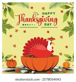 The festive Thanksgiving design features turkeys, pumpkins and fall leaves. Perfect for capturing the festive atmosphere and seasonal atmosphere of the holidays. Flat vector modern illustration 