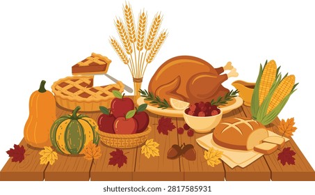 A festive Thanksgiving dinner table illustration featuring a roasted turkey, pumpkin pie, fresh apples, corn, bread, and autumn leaves on a wooden surface.