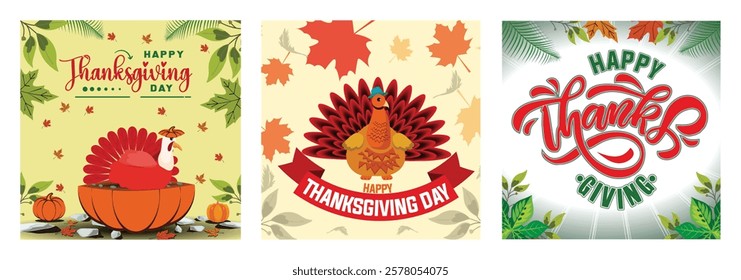 A festive Thanksgiving features turkeys, pumpkins and fall leaves. Thanksgiving theme, and holiday decorations. The Thanksgiving design features elegant calligraphy. 