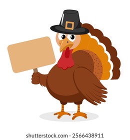 A festive Thanksgiving mascot ready to spread the holiday cheer with a blank sign for your message