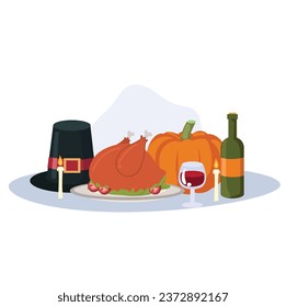 Festive Thanksgiving Object Illustration. Pumpkin, Turkey, and More. Flat vector cartoon illustration