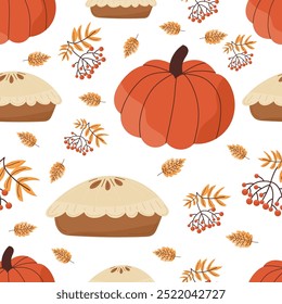 Festive Thanksgiving seamless pattern with pumpkins, autumn pies and seasonal leaves in warm color palette. Cute vector symbols of family holiday. For thank you decor, prints, wrapping paper.
