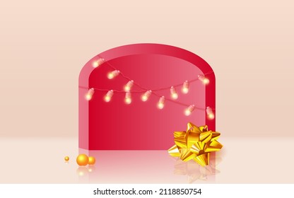 Festive theater stage with golden bow and glowing garland. Festive 3d design for Valentine's day, Wedding, Mother's Day cards