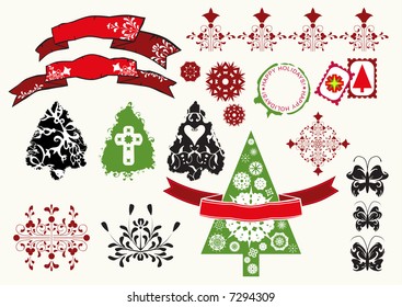 festive theme design elements Christmas trees, butterflies and folk banners - illustration in vector format