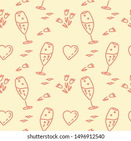 Festive theme, seamless background. Champagne glasses, hearts, flowers. Vector seamless Pattern for fabric, wrapping paper and other surfaces.