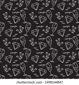 Festive theme, seamless background. Champagne glasses, hearts, flowers. Vector Pattern for fabric, wrapping paper and other surfaces.