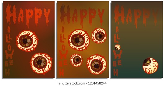 Festive themed postcard with horrified eyeball and with an inscription Happy Halloween with frightening spreading mucous greased letters glowing in the dark on a beautiful and terrible background.