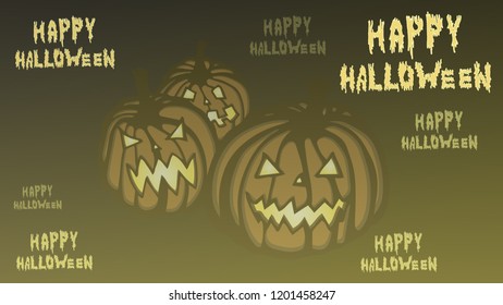 Festive themed postcard with sinister pumpkin and with an inscription Happy Halloween with frightening spreading mucous greased letters glowing in the dark on a beautiful and terrible background.