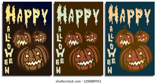 Festive themed postcard with sinister pumpkins and with an inscription Happy Halloween with frightening spreading mucous greased letters glowing in the dark on a beautiful and terrible background.