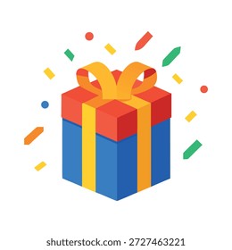 Caixa de presente tridimensional festiva estourando confetes e fitas isoladas no fundo branco limpo
