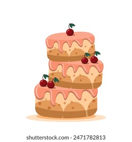 Tarta de cumpleaños de tres capas con cerezas. Ilustración, Vector