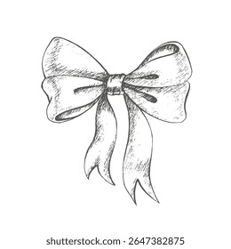 Festive tied bow with ribbons graphics illustration. Vector. For New year's packaging, Christmas composition, design wrapping paper and textiles, postcards, gift, stickers.