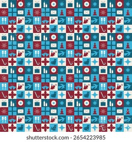 Un patrón de azulejos festivos con íconos de Navidades estilizadas: árboles, regalos, pájaros, copos de nieve y más. Presenta una textura retro granulada y manchas sin color. Paleta fresca de azul, rojo cereza, azul claro