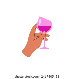 Brindis festivo. Ilustración vectorial de una mano sosteniendo una copa de vino, rosa, sobre un fondo aislado. Dibujo animado de estilo plano que representa una escena de vacaciones en un fondo aislado.