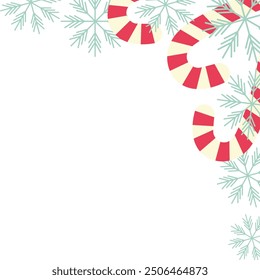 Festive top corner frame with candy canes and snowflakes Isolated Greetings design concept Copyspace