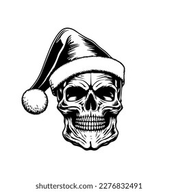 A festive touch to the iconic skull head, this Hand drawn illustration features a smile skull wearing a Santa Claus hat. Perfect for the holiday season