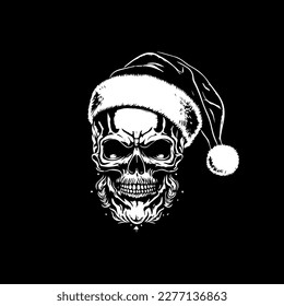 A festive touch to the iconic skull head, this Hand drawn illustration features a smile skull wearing a Santa Claus hat. Perfect for the holiday season