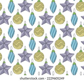 Festive toys seamless pattern. Geometric shapes of a Christmas party decorative balls, colorful elements, modern holiday ornamental transparent background. Trendy bright color palette. Vector