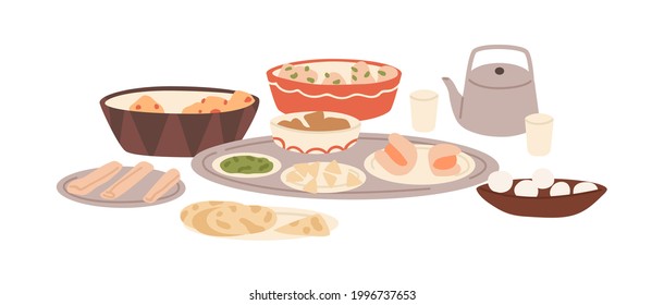 Festive traditional Indian dishes. Served holiday meal in India. Hindu national dinner. Naan bread, kati rolls, litti choka and masala chai. Flat vector illustration isolated on white background