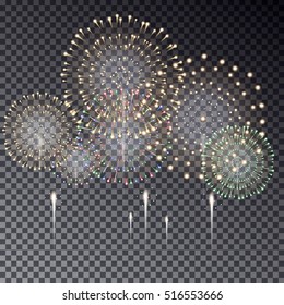 Festive transparent firework bursting in various shapes vector isolated illustration on dark background. Fireworks light effect for your design.