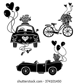 Festive transport with balloons. Cars, bicycle set black silhouettes isolated on white background 