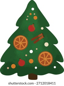Festive tree decorated with orange slices, spices, and colorful baubles. Ideal for warm holiday illustrations with a rustic vibe.