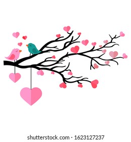 A festive tree with heart-shaped paper leaves and a pair of birds. Vector illustration