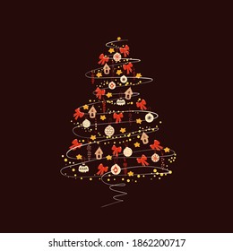 Festlicher Baum aus Neujahrsverzierungen, Vektorgrafik. Sterne, Weihnachtsbaumdekorationen, Girlanden, Lichter. Auf dunklem burgundischen Hintergrund für das Design von Glückwunsch, Karten, Schrott