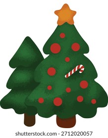 Árvore festiva coberta com uma estrela e decorada com bolinhas vermelhas e uma bengala de doces. Perfeito para desenhos de cartão de Natal e pacotes de adesivo.