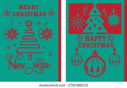 Ilustración vectorial de árbol festivo con deseos de felices fiestas y hermosos adornos en esquema de color verde azulado y rojo para la temporada alegre