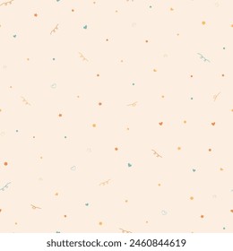 Festive trendy pattern with stars, hearts, tinsel and clappers. Design for backgrounds, cards, textiles, gift paper. Vector