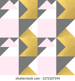 Festive triangle and square geometric shapes background. Abstract mosaic vector seamless pattern in pastel and golden colors. Christmas , new year, carnival, party, celebration wrapping paper concept.