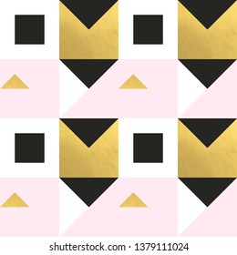 Festive triangle and square geometric shapes background. Abstract mosaic vector seamless pattern in pastel and golden colors. Christmas , new year, carnival, party, celebration wrapping paper concept.