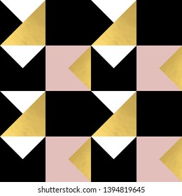 Festive triangle and square geometric shapes background. Abstract mosaic vector seamless pattern in pastel and golden colors. Christmas , new year, carnival, party, celebration wrapping paper concept.