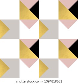 Festive triangle and square geometric shapes background. Abstract mosaic vector seamless pattern in pastel and golden colors. Christmas , new year, carnival, party, celebration wrapping paper concept.