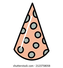 Festive triangular birthday cap with polka dots. Hand drawn vector illustration in doodle style. Isolated element on a transparent background.