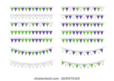 Bunting triangular festivo en púrpura y verde lima.