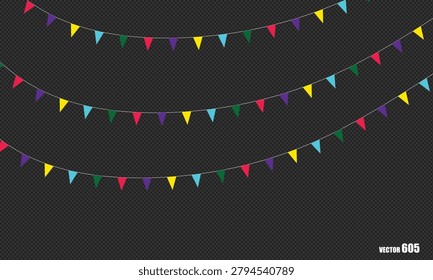 Festive triangular flags strung on a cord, celebrating happy occasions, ideal for holidays and events.