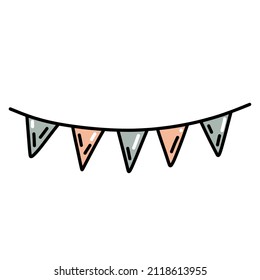Festive triangular garland flags. Hand drawn vector illustration in doodle style. Isolated element on a transparent background.
