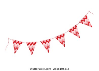 Festive Triangular Pennant garland on rope in trendy monochrome red. Valentines Day decoration idea